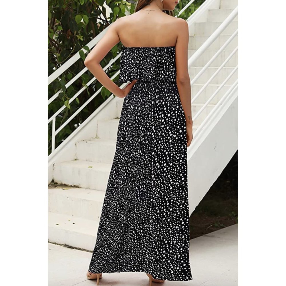 Boho Polka Dot Printed Ruffle Strapless Flowy Long Summer Maxi Dress - Picture 4 of 6